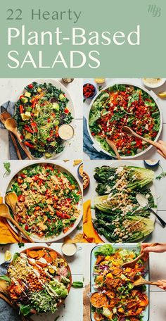 many plates with salads on them and the words, 22 hearty plant - based salads