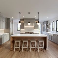 a kitchen with an island and stools in it