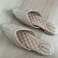 Only Worn Once And In Perfect Condition. Chic Beige Mules For Beach, Beige Woven Leather Sandals With Flat Heel, Beige Closed Toe Sandals With Woven Leather, Chic Beige Mules For Vacation, Chic Beige Mules For The Beach, Beige Closed Toe Flats With Textured Footbed, Beige Closed Toe Woven Leather Sandals, Beige Heels With Woven Sole And Flat Heel, Beige Open Toe Flats For Vacation