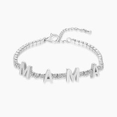 Cherish the moments with our MAMA Cubic Zirconia Tennis Bracelet, adorned with the endearing word "Mama." This bracelet is a timeless keepsake, perfect for celebrating the bond between mother and child. Whether for Mother's Day or to honor a new mom, it symbolizes the enduring love that lasts from today, through tonight, and into tomorrow. Personalized Cubic Zirconia Jewelry For Mother's Day, Cubic Zirconia Jewelry For Mother's Day, Personalized Diamond Bracelet As Gift, Personalized White Gold Charm Bracelet For Mother's Day, Adjustable Name Bracelet As Gift For Mom, White Gold Charm Bracelet For Anniversary On Mother's Day, Custom Name Sterling Silver Bracelets For Mother's Day, Custom Name Sterling Silver Bracelet For Mother's Day, Adjustable Personalized Bracelet In Cubic Zirconia