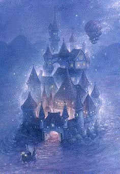 a painting of a castle in the middle of water with balloons floating above it at night