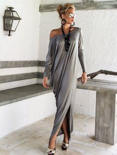 Maxi Dress / Gray Maxi Dress / Long Sleeve Dress / Plus Size Dress / Evening Dress / Asymmetric Dress / Elegant Dress / #35048 This elegant, sophisticated, loose and comfortable maxi dress, looks as stunning with a pair of heels as it does with flats. You can wear it for a special Bohemian Asymmetrical Fall Dresses, Bohemian Party Dress With Side Slits, Bohemian Asymmetrical Party Dress, Bohemian Asymmetrical Dress For Party, Bohemian Draped Maxi Dress For Party, Bohemian Asymmetrical Maxi Dress For Party, Draped Maxi Dress With Side Slits For Spring, Casual Asymmetrical Maxi Dress For Party, Bohemian Midi Dress With Asymmetrical Hem For Party