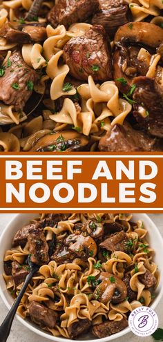 beef and noodles in a white bowl with the title overlay reads beef and noodles