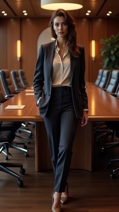 Make power moves in the boardroom with a tailored pinstripe suit and statement heels. Polished and poised, this corporate chic look is all about confidence and style. 📊👠 #BoardroomChic #CorporateStyle #PinstripeSuit #PowerFashion #TailoredLook #BusinessVibes Sartorial Style Women, Women In Formal Suits, Executive Fashion Women, Dress Like A Boss Woman, Womens Suits Business Power Dressing, Power Suits For Women Classy, Female Boss Outfit, Powerful Business Woman Aesthetic, Ceo Outfit Woman Boss