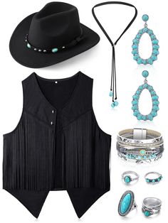 PRICES MAY VARY. Western Cowgirl Costume: this woman cowgirl outfit includes 1 tasseled sleeveless vest, 1 cowgirl hat, 1 turquoise necklace, 1 bracelet, 1 pair of earrings and 4 turquoise rings, western style combination enough to meet your decoration needs Fringe Suede Vest: the fringe outfit for women is mainly made of artificial suede fabric, soft and breathable, classic, easy to match western pattern T-shirt, to create a casual style; The vest is available in different sizes, including larg Black Dress Tourquise Necklace, Western Boho Amazon, Western Jewelry Party, Pluz Size Western, Womens Western Fashion Country, Western Vest Outfits For Women, Western Costume Women, Cute Cowgirl Outfits Party, Western Outfits Black Women