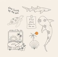 an image of sea animals and other things on the beach with words above them that read slow, living by the seas