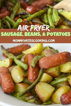 an air fryer sausage, beans and potatoes in a white bowl with the title above it