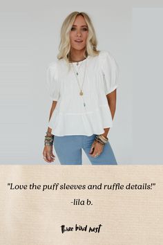 Perfectly boho for both casual and dressy occasions, our Shirr Delight Puff Sleeve Top is versatile enough to take you from day to night with ease! You'll love the drama and romance of this top because it features: Woven Cotton fabric﻿ Relaxed and loose blouse silhouette Classic round neckline with a button keyhole closure along the back So cute puff short sleeves with self - tie bows on the back Gathered and ruffle details on the front and back Gathered bottom tier for added style Pair with: La Blouse Silhouette, Boho Essentials, Bralette Outfit, Comfy Pants, Loose Blouse, The Drama, Puff Sleeve Top, New Tops, Woven Cotton