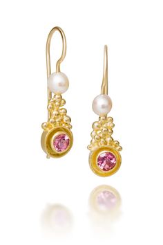 Gold, Pearl & Stone Earrings - These lovely 4mm round Maine pink tourmaline are set in 18k yellow gold. There is a clasp on the back to clip the gold earwire for safety. These earrings are cast in the lost wax method after they were originally fabricated. Elegant Round Tourmaline Earrings, Luxury Gold Tourmaline Earrings, Elegant Gold Tourmaline Earrings, Pearl Stone, Morganite Engagement, Artful Home, Fresh Water Pearls, Beaded Drop Earrings, Morganite Engagement Ring