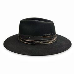 The Gentelman, a stylish black felt fedora dressed in black and creme textiles, and sterling silver and blackened sterling jewelry <span class='visuallyhidden'>Call or text 323-404-2959 if you need shopping assistance.</span> Artisan Black Felt Hat With Flat Brim, Black Artisan Fedora Felt Hat, Artisan Black Fedora Felt Hat, Black Artisan Brimmed Fedora, Black Artisan Fedora, Artisan Black Felt Hat With Short Brim, Black Artisan Felt Hat With Short Brim, Black Artisan Felt Hat With Wide Brim, Artisan Black Fedora Hat Band