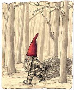 a drawing of a gnome walking through the woods