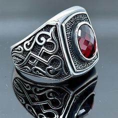 Men Ruby Stone Ring , Minimal Silver Ring , Red Stone Ring , Engraved Silver Ring , Ottoman Style Ring , 925k Sterling Silver Ring ★Item Details * Gender : Male / Female * Material : 925K Sterling Silver * Total weight : 12 Grams * Gemstone : Ruby  Stone ✔ Ready to Ship in 1-2 Business Days .. ✔ Shipped to the Worldwide 1-5 business days with free shipping... ✔ The product will be sent to you with a handmade wooden box to avoid any damage during shipping... ✔ Visit our store, browse other Men's Classic Red Garnet Signet Ring, Classic Red Engraved Ring As Gift, Classic Red Engraved Ring For Gift, Red Engraved Rings For Promise, Engraved Red Round Signet Ring, Red Garnet Rings With Polished Finish, Red Oval Engraved Signet Ring, Red Ruby Signet Ring For Promise, Red Garnet Signet Ring For Anniversary