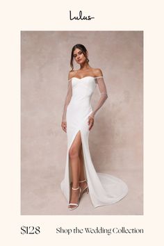 a woman in a white wedding dress with the words shop the wedding collection