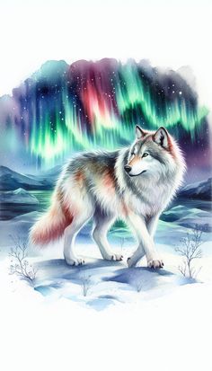 a painting of a wolf standing in the snow with an aurora bore behind it's head