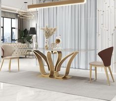 an elegant dining room with white walls and flooring, along with beige chairs and a glass table