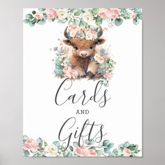 a card with an image of a cow wearing a flower crown and the words cards and gifts on it