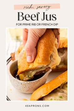 a hand holding a piece of beef and cheese sandwich with text overlay that reads, pick some beef plus for prime rib or french dip