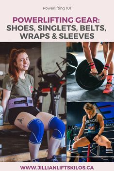 an advertisement for power lifting gear, shoes, belts, wraps and sleeves