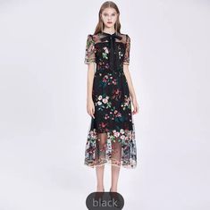 French Vintage Mid-calf Embroidered Dress in Black or Beige Bohemian Dress Short, Bohemian Dresses Short, Empire Pattern, Bohemian Floral Dress, Chatsworth House, Mesh Midi Dress, Latest Fashion Dresses, Long Midi, Embroidery Floral