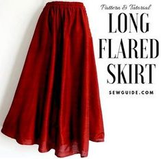 a red skirt hanging on the wall with text overlay that reads, long flared skirt sew guide