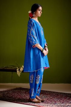 Blue dupion silk block printed embroidered panelled kurta. Paired with a salwar and rani pink silk organza dupatta. - Aza Fashions Blue Silk Set For Navratri, Blue Chanderi Sets With Floral Embroidery, Blue Raw Silk Salwar Kameez With Floral Embroidery, Blue Silk Traditional Wear With Chikankari Embroidery, Guru Dutt, Rani Pink, Women Kurta, Dupion Silk, Straight Kurta