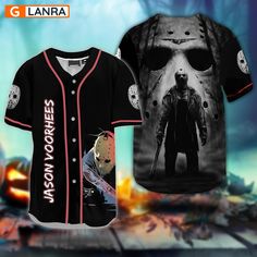 a baseball jersey with the image of a person holding a knife and wearing a mask