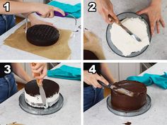 four pictures showing how to decorate a cake