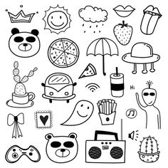 hand drawn doodle set of various items and things that can be seen in this image