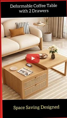 a coffee table with two drawers and a couch in the background that says space saving designed