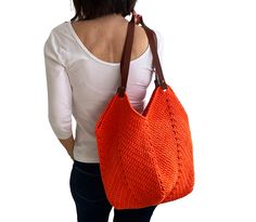 Granny square crochet handbag with rea leather handles. - Cotton macrame. Color: Neon orange. - Removable real leather handles. - Custom order are welcome ! - The leather handles of this bag are snap fastened and can be easily removed. After removing the handles, you can wash them in the washing machine on the delicate program. You can use this bag very comfortably for grocery shopping and on the beach because it is very easy to wash when it gets dirty. If you want to knit this bag yourself, you Orange Crochet Bag With Braided Handles For Travel, Orange Rectangular Crochet Bag For Shopping, Orange Crochet Bag With Adjustable Strap For Everyday, Square Crochet Bag With Braided Handles For Daily Use, Orange Rectangular Crochet Bag For Daily Use, Crochet Square Bag With Braided Handles For Daily Use, Orange Rectangular Crochet Bag For Everyday Use, Rectangular Orange Crochet Bag For Daily Use, Orange Crochet Shoulder Bag For Everyday Use