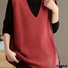 Olivia Mark - Solid V Neck Knitted Vest, Casual Sleeveless Loose Sweater, Women's Clothing V Neck Knitted Vest, Knit Vest Pattern Women, Sleeveless Knitted Vest, Easy Sweater Knitting Patterns, Stylish Knitwear, Velvet Dress Long, Knit Vest Pattern, Vest For Women, Winter Care