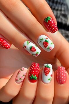 #Strawberry #Nail #Art #Design Fun Simple Summer Nails Short, Picnic Nails Summer, Fruit Toe Nail Designs, Summer Gnome Nails, Summer Fruit Nail Art, Strawberry Nail Ideas, Simple Strawberry Nails, Sweet Nails Designs, Summer Nails Strawberry