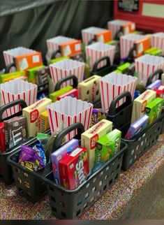 several baskets filled with different types of snacks