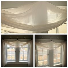 three different views of a window with sheer curtains