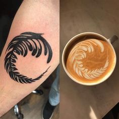 two pictures one with a coffee and the other with a palm tree tattoo on it