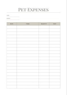 a printable pet sign up sheet with the words,'pet expenses'on it