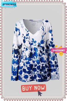 Long Sleeve Casual Floral V-neck T-shirts Top Chic Floral Print Top With 3/4 Sleeves, Blue Floral Print Crew Neck T-shirt, Light Blue Floral Print V-neck Top, Spring Long-sleeve Tops With Butterfly Print, Multicolor Floral Print V-neck T-shirt, Autumn Fashion Casual, Color Pick, Floral Theme, Floral Blouse