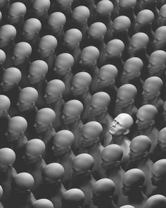 a large group of headless people are shown in this black and white photo