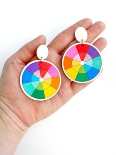 Colorful Round Earrings Gift, Colorful Round Earrings For Gift, Colorful Hand-painted Drop Earrings, Handmade Rainbow Round Earrings, Multicolor Hand Painted Drop Earrings, Colorful Hand Painted Drop Earrings, Handmade Round Rainbow Earrings, Rainbow Colorful Earrings For Gift, Artistic White Round Earrings