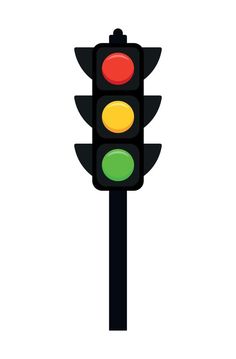 a traffic light that is red, green and yellow on a pole with a white background