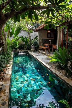 an outdoor swimming pool surrounded by greenery