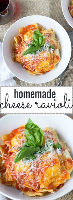 homemade cheese ravioli recipe with basil leaves on top