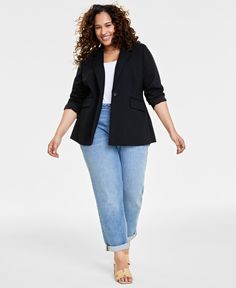 in stock Plus Size Business, Plus Size Blazer, Knit Blazer, Deep Black, Business Casual Outfits, Trendy Plus Size, Black Blazers, Office Wear, Long A Line