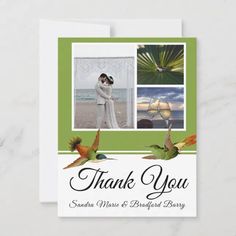 a wedding thank card with two birds and the words thank you in green, white and black