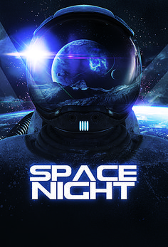 the space night poster features an astronaut's helmet and earth as well as other objects