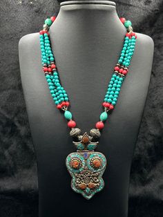 Tibetan Beautiful Design Old Necklace With Natural Turquoise Coral And Agate Stone. Necklace Length 22 Inches. Shipping Payment Feedback & Return Policy 1 : We ship Monday to Friday Via Airmail Register Insured  With Tracking # takes 2 to 4 Weeks to Destination. 2 : Contact us if you did not receive your item after 4 weeks. 3 : We Accept Payment Only Via PayPal. 4 : In Any Inconvenience Case we do Accept Return and full Refund. 5 : We Ship worldwide via Airmail Registered with Tracking # provide Turquoise Gemstone Necklaces With Round Beads, Turquoise Pendant Beaded Necklace, Unique Turquoise Pendant Beaded Necklaces, Unique Turquoise Pendant Beaded Necklace, Unique Turquoise Beaded Necklace With Pendant, Turquoise Long Necklace For Jewelry Making, Long Turquoise Necklace For Jewelry Making, Green Jewelry With 108 Beads For Festival, Turquoise Gemstone Long Beaded Necklace