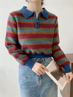 Autumn Vintage Stripe Polo Sweater (Blue/Red) Cropped Knitted Sweater, Rose Clothing, Vintage Knitwear, Queer Fashion, Sweater Layering, Polo Sweater, Overall Dress, Knit Outfit, Sweater Blouse