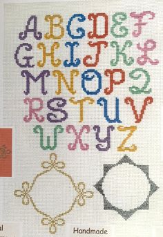 a cross stitch pattern with the letters and numbers in different colors, including one for each letter