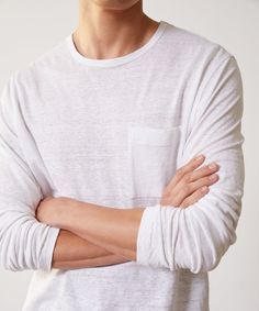 Linen Jersey Long Sleeve T-Shirt in White Relaxed White Tops For Layering, White Long Sleeve T-shirt With Pockets, Everyday White Linen T-shirt, White Tops With Pockets For Loungewear, White Linen T-shirt For Everyday, Casual White T-shirt For Layering, Sweatshorts Shorts, Polo Coat, Tuxedo Shirt Dress