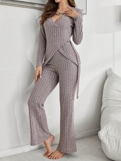 Women's Heart Chain V-Neck Asymmetric Design Loungewear Set Mauve Purple Casual-Woman    Plain Pant Sets Medium Stretch All Women Sleep & Lounge, size features are:Bust: ,Length: ,Sleeve Length: Womens Loungewear Sets, Plain Pants, Tie Waist Pants, Lounge Outfit, House Clothes, Mauve Purple, Pant Sets, Heart Chain, Drop Shoulder Sweaters